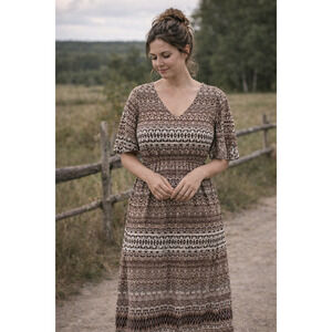 Chiffon Prairie Animal Print Maxi Dress‎ Med Boho Western Geo Bell Sleeves Flowy